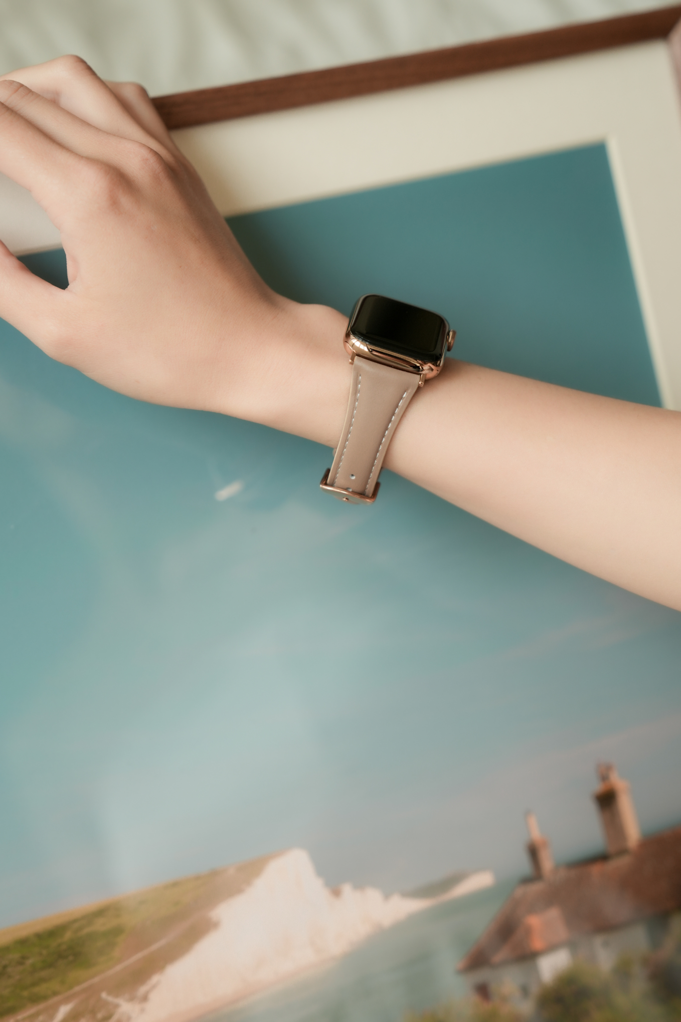 斜角油蠟牛皮 奶茶杏 Apple Watch 真皮錶帶
