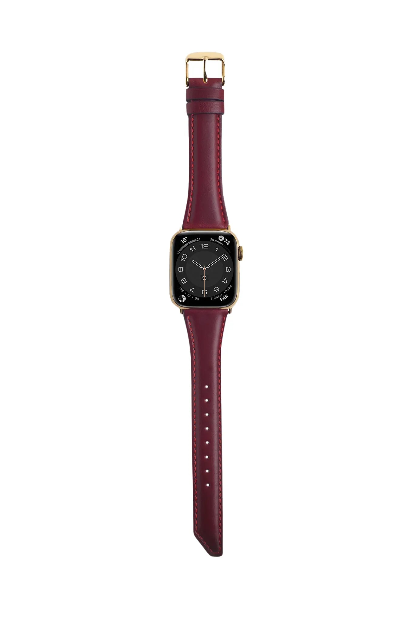 斜角油蠟牛皮 酒紅色 金釦 _ BellaBia Apple Watch 女性皮革錶帶