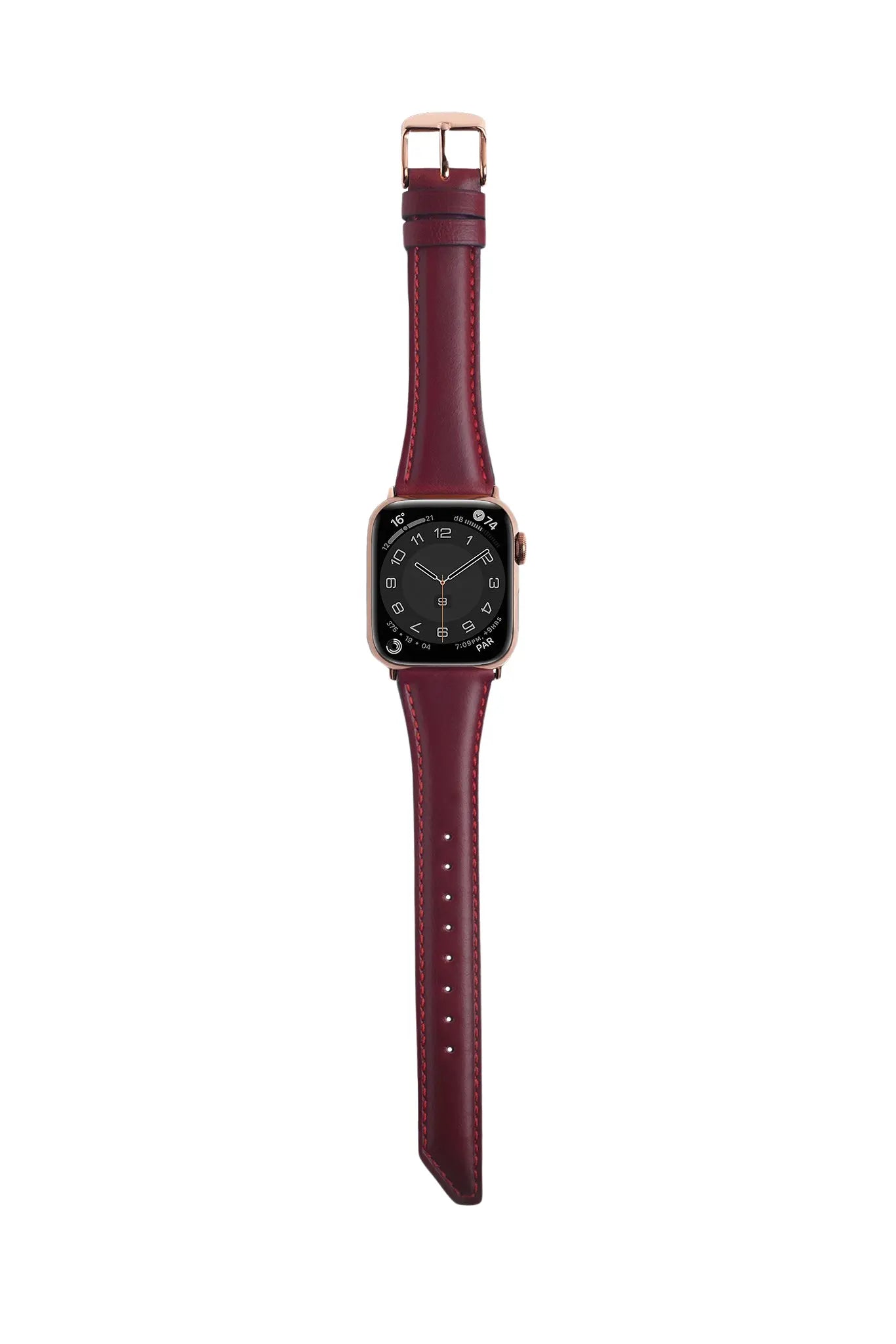 斜角油蠟牛皮 酒紅色 玫瑰金釦 _ BellaBia Apple Watch 女性皮革錶帶