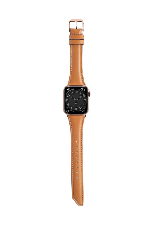 斜角油蠟牛皮 淺棕色 玫瑰金釦 _ BellaBia Apple Watch 女性皮革錶帶