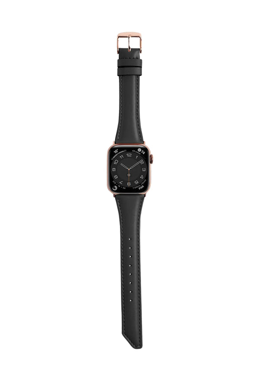 斜角油蠟牛皮 黑色 玫瑰金釦 _ BellaBia Apple Watch 女性皮革錶帶